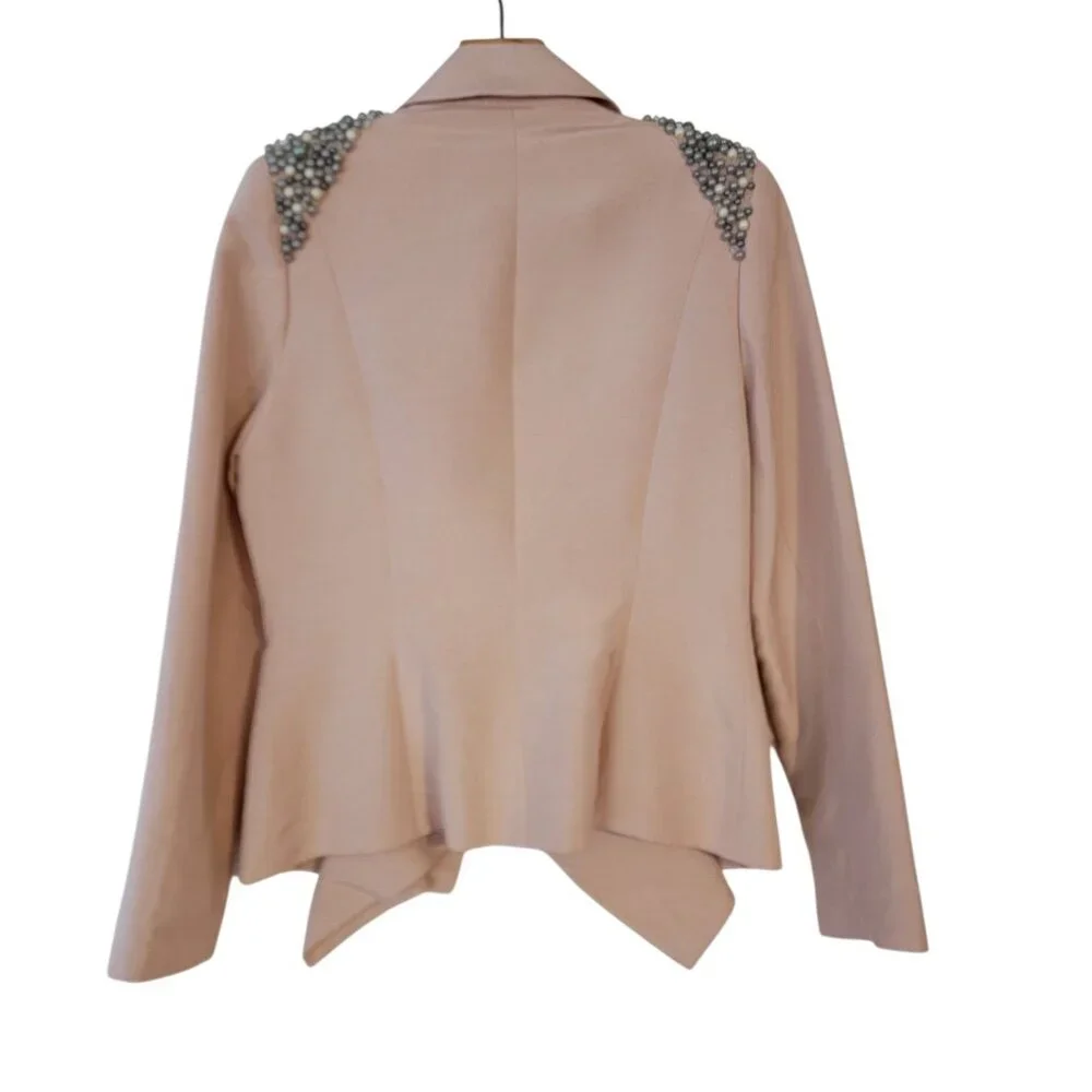ASOS Design Blazer‎ Baby Pink Open Assymetric Beaded Shoulders Us Sz 10 UK 14